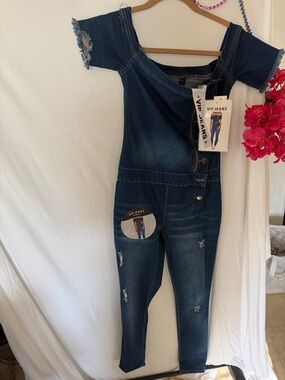 VIP Dark Blue Distressed Denim Overalls